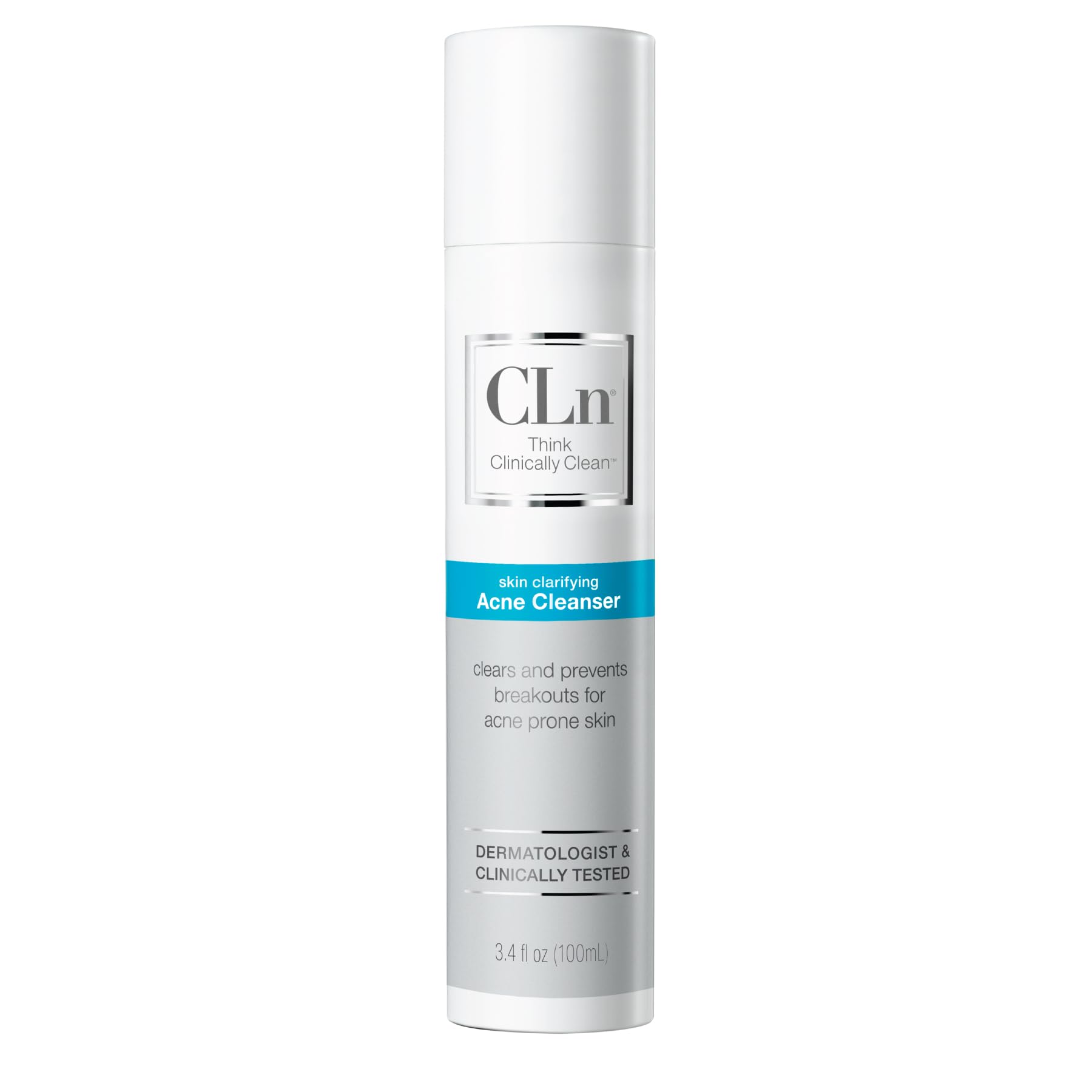 CLn Acne Cleanser bottle close-up highlighting an oil-control formula for clear pores.