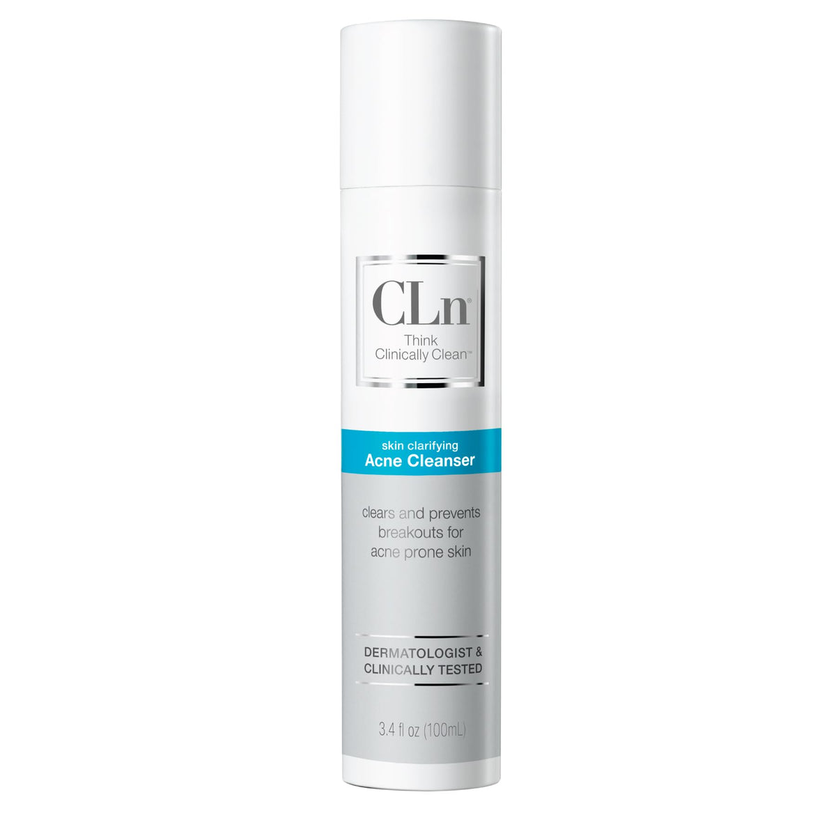 CLn Acne Cleanser bottle close-up highlighting an oil-control formula for clear pores.