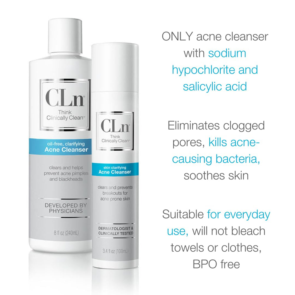 CLn facial cleanser packaging showcasing fragrance-free and hypoallergenic features.