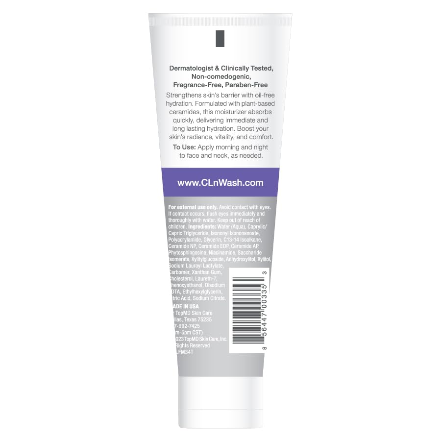 CLn Facial Moisturizer bottle dispense close-up shows non-greasy texture ideal for acne-prone skin.