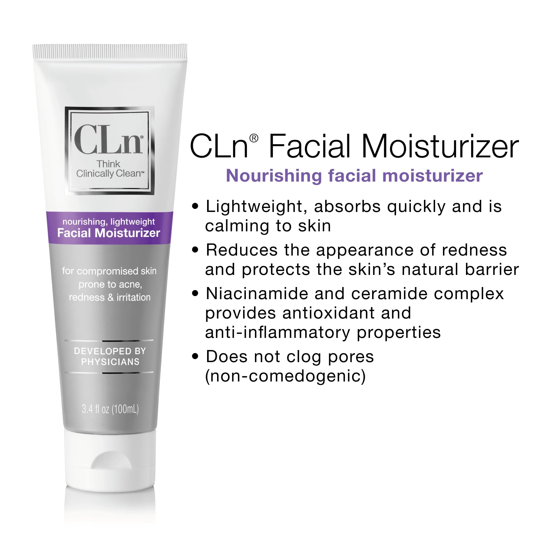CLn Facial Moisturizer applied on the face demonstrates pore-friendly moisturization.
