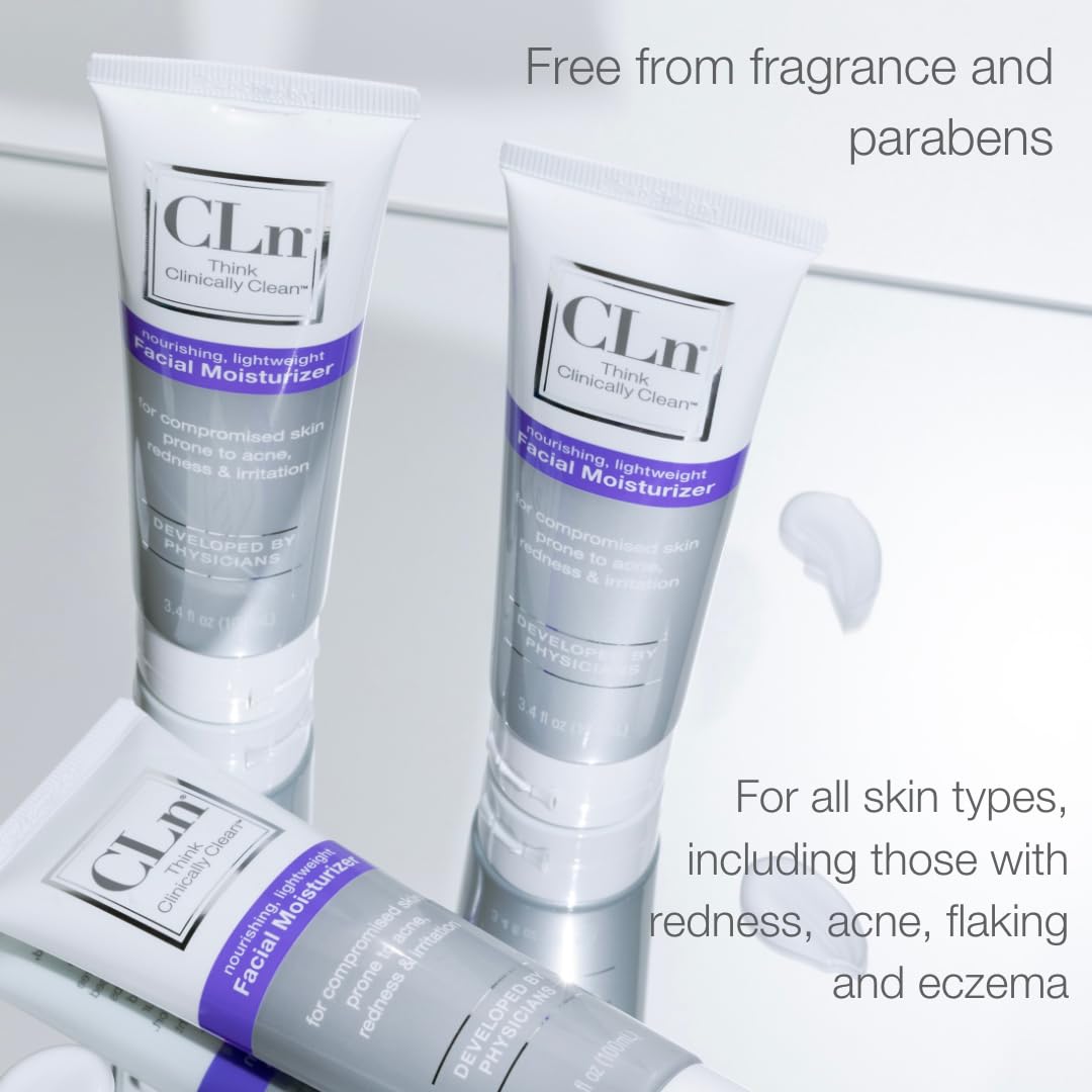 CLn Facial Moisturizer on neck shows gentle hydration for sensitive areas.