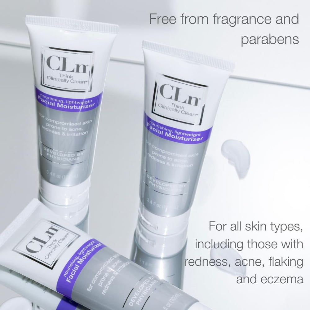 CLn Facial Moisturizer on neck shows gentle hydration for sensitive areas.
