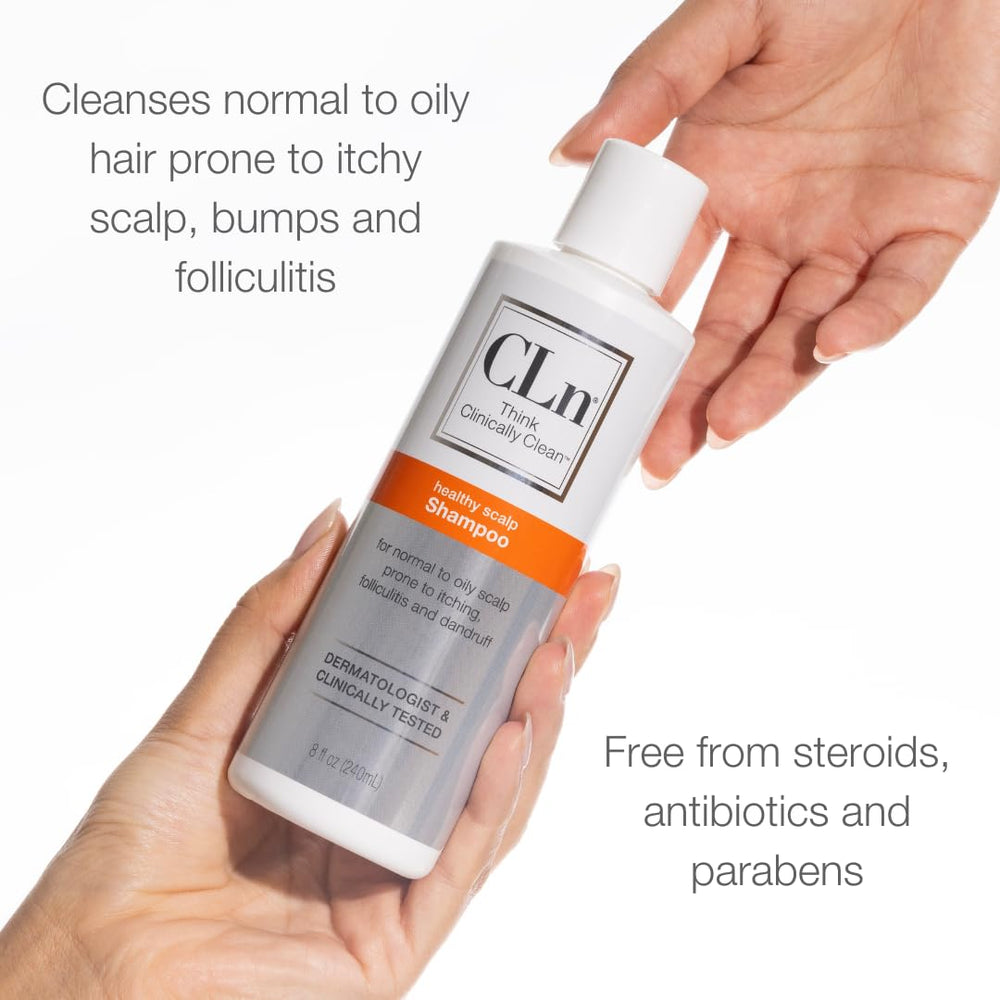 CLn Shampoo product in bathroom scene suggests convenient weekly treatment for cleaner scalp.