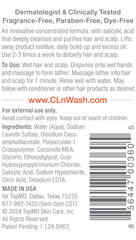 CLn Shampoo rich lather shown for buildup removal on a flaky scalp.