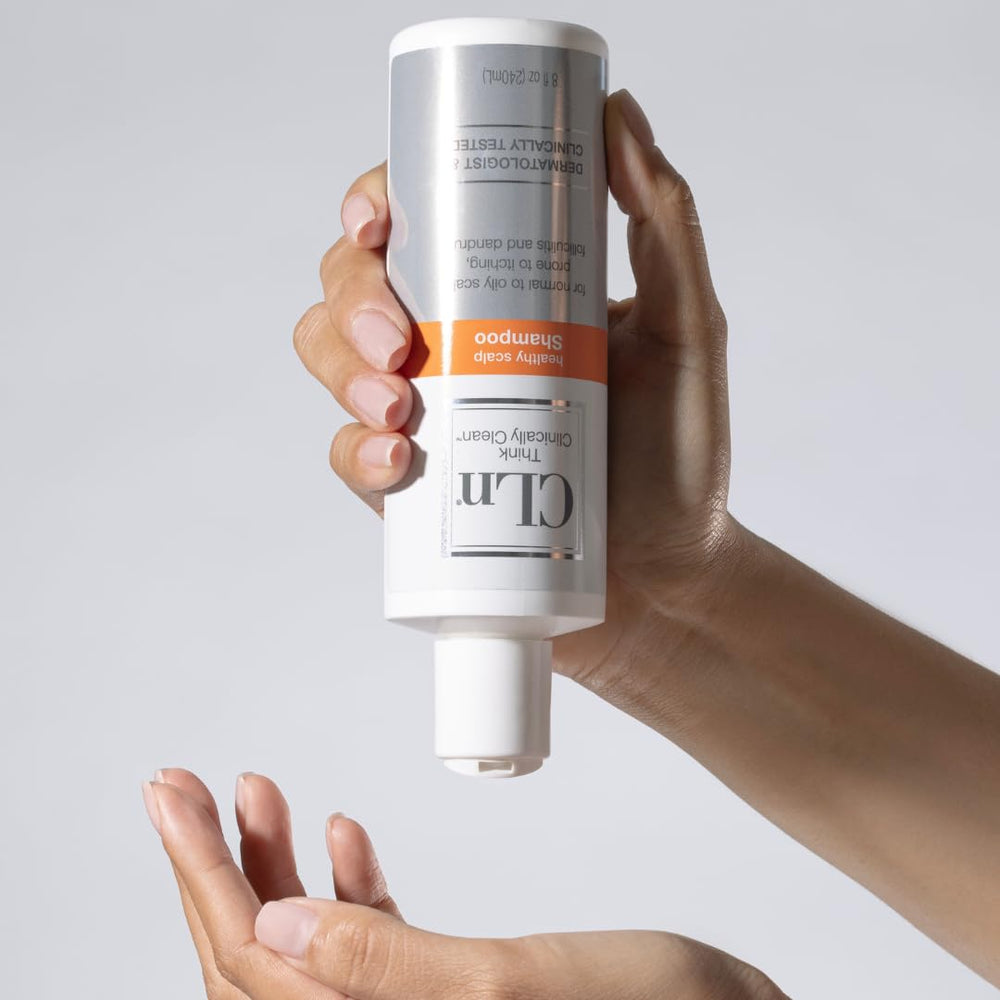 CLn Shampoo foamy lather on hair demonstrates refreshing cleansing for itchy scalp.