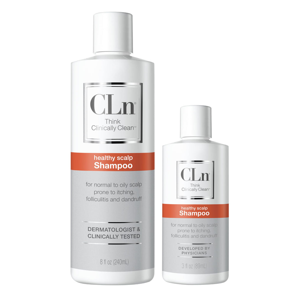 CLn Shampoo bottle with clean look highlighting healthy-looking scalp.