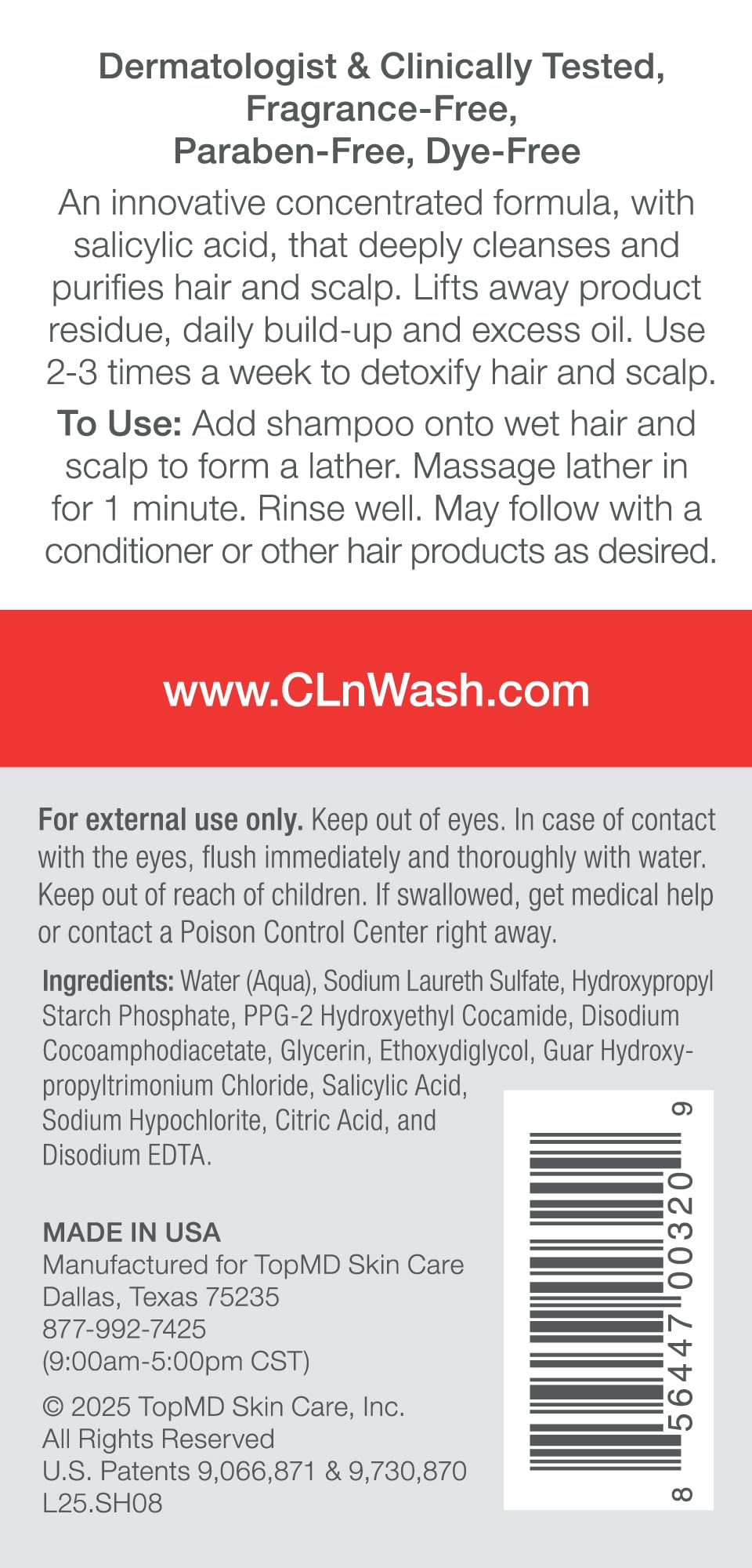 CLn Shampoo salicylic acid label highlights exfoliation and buildup removal on scalp.