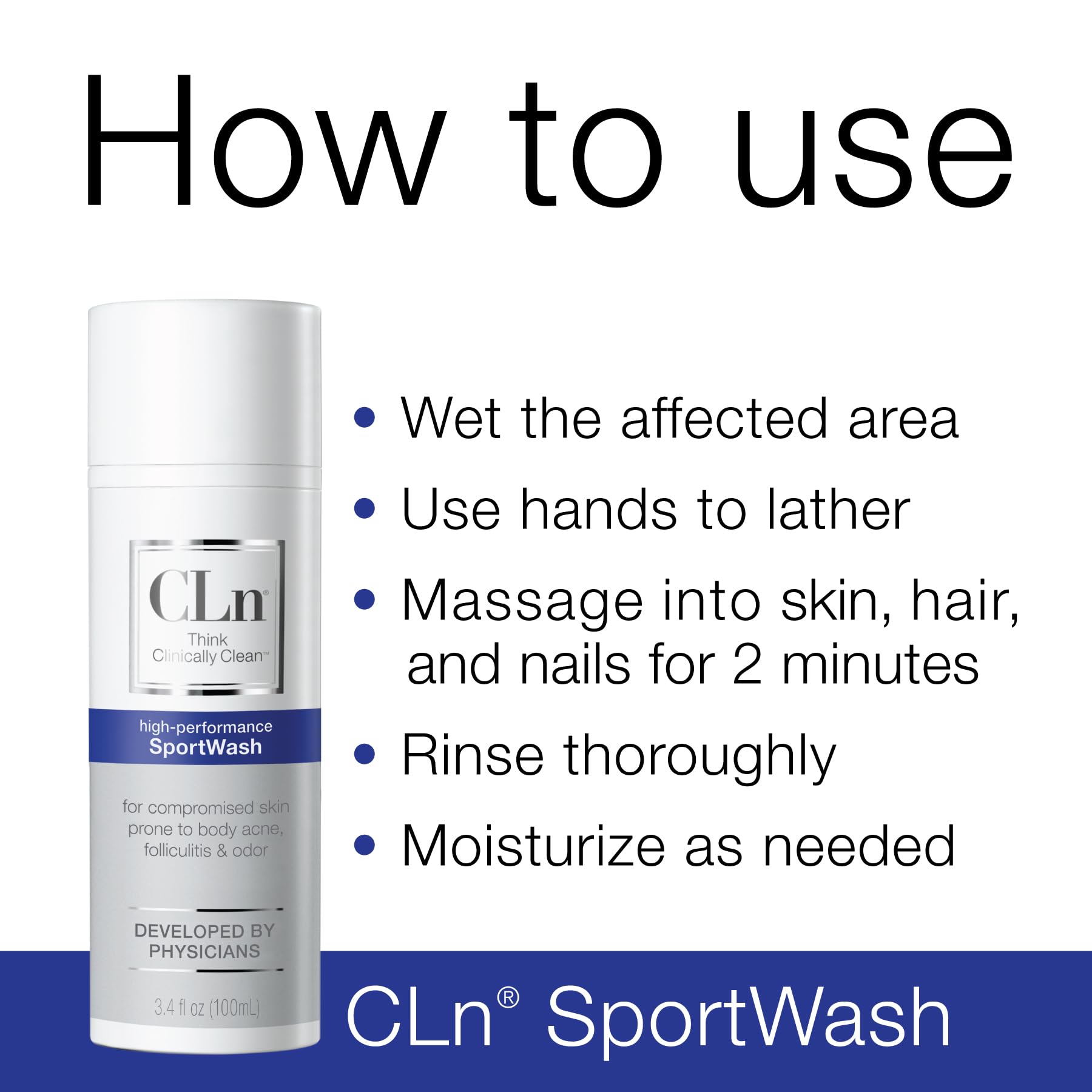 Compact CLn SportWash bottle on bathroom shelf.