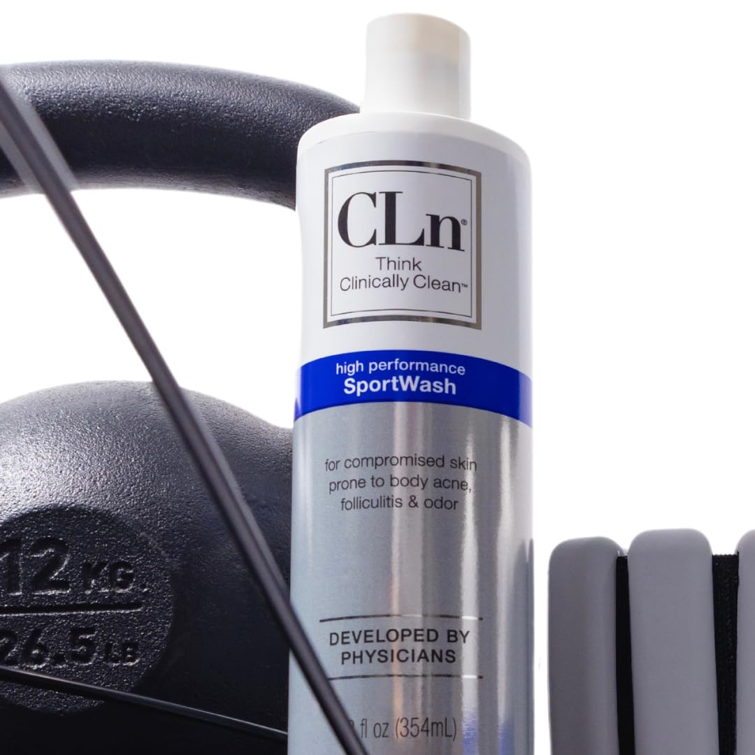 CLn SportWash 12oz bottle close-up highlights gym-bag-friendly packaging.