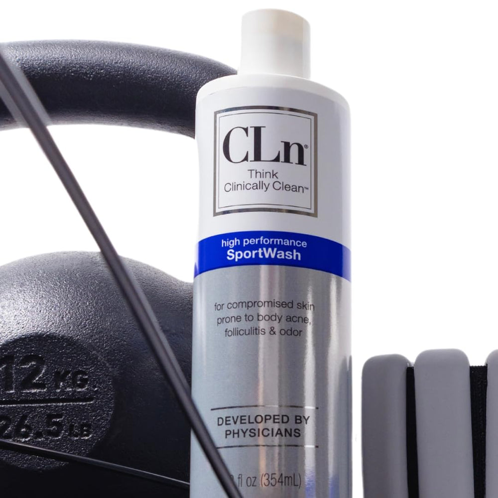 CLn SportWash 12oz bottle close-up highlights gym-bag-friendly packaging.