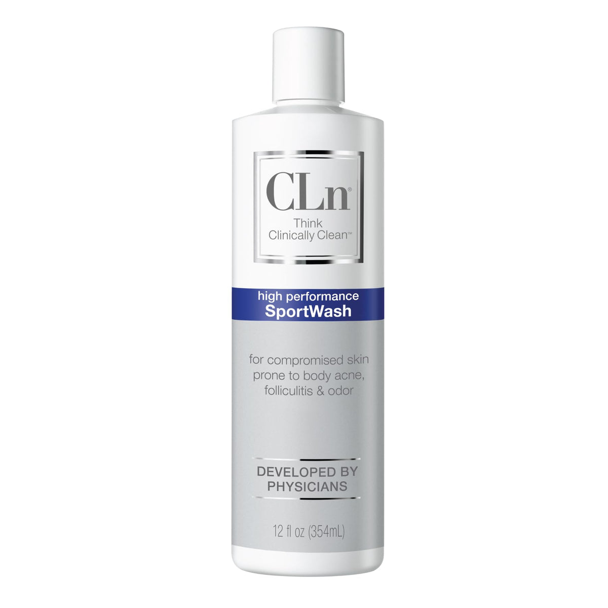 CLn SportWash bottle front view, fragrance-free formula for athletes prone to body odor.