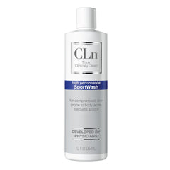CLn SportWash bottle front view, fragrance-free formula for athletes prone to body odor.