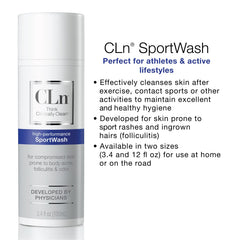 Close-up of CLn SportWash foam showing rich lather and fragrance-free formula.