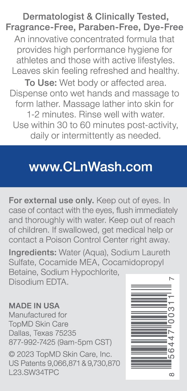 CLn SportWash label highlights fragrance-free, paraben-free, and hypoallergenic benefits.