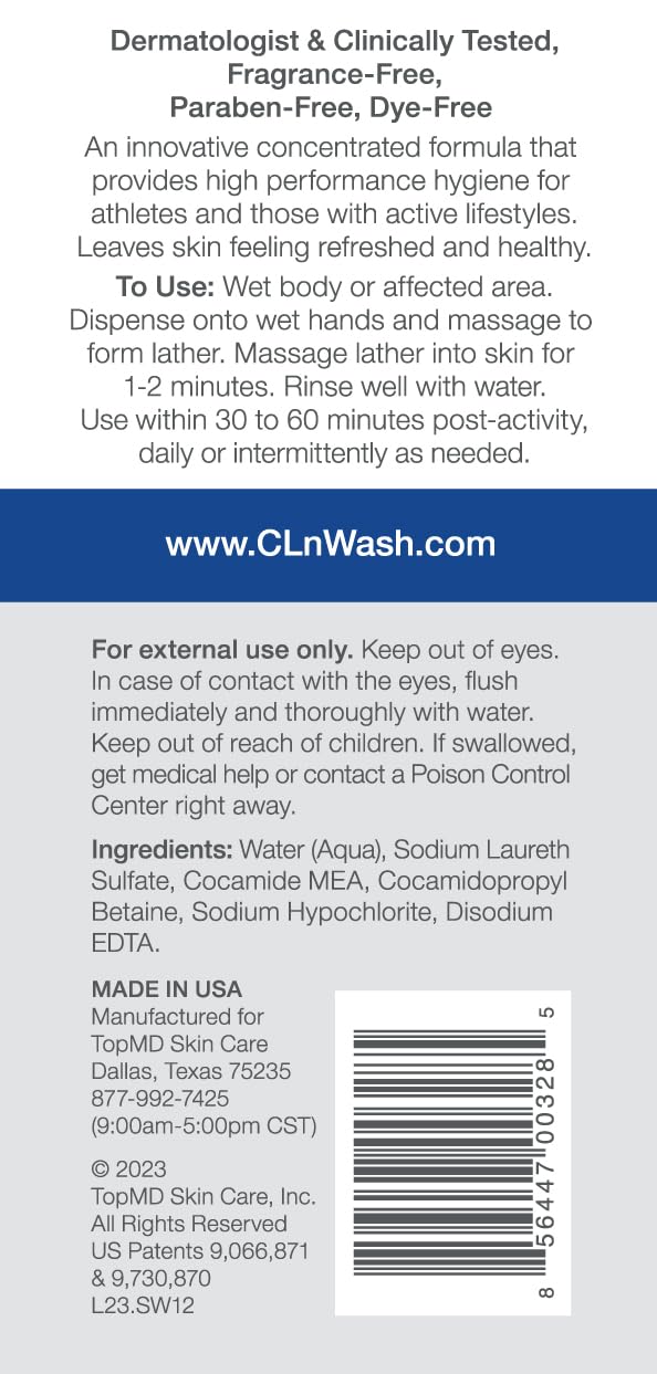 CLn SportWash packaging label highlights fragrance-free, paraben-free and athlete-friendly ingredients.
