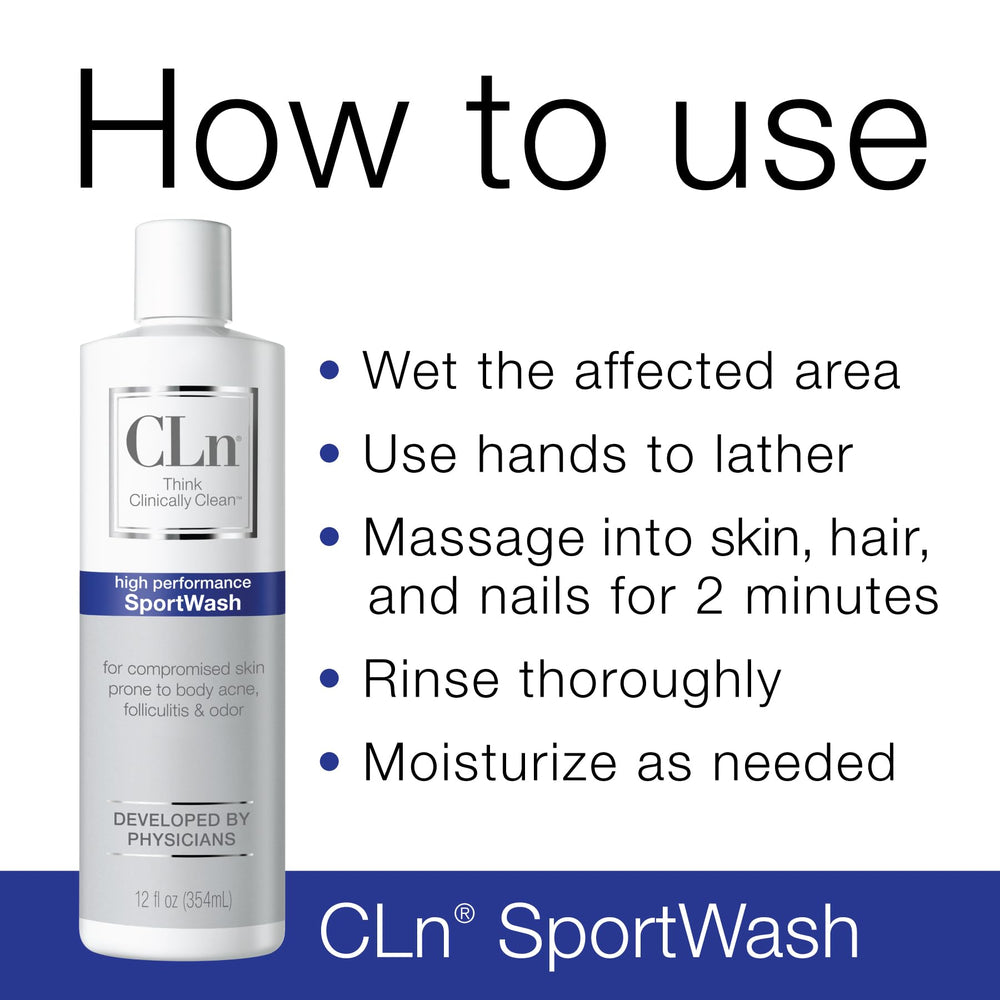 CLn SportWash skin-hair-nails wash shows full-body cleansing after sport.