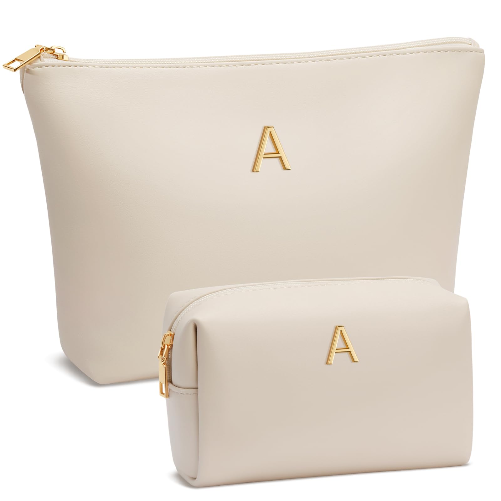 Cloudwings initial makeup bag beige front view for easy travel organization