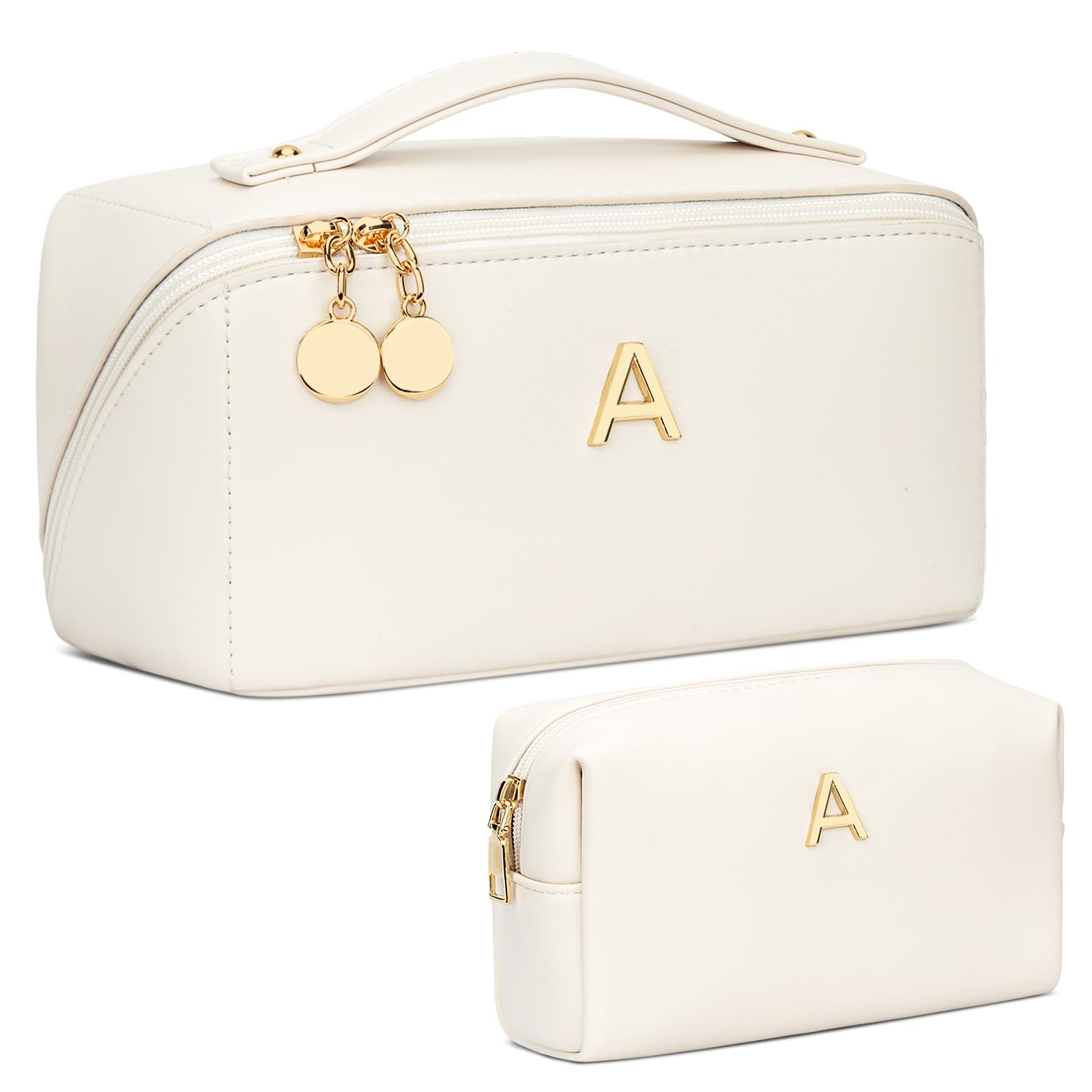 Cloudwings initial makeup bag beige for personalized gift and organized cosmetics