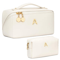 Cloudwings initial makeup bag beige for personalized gift and organized cosmetics