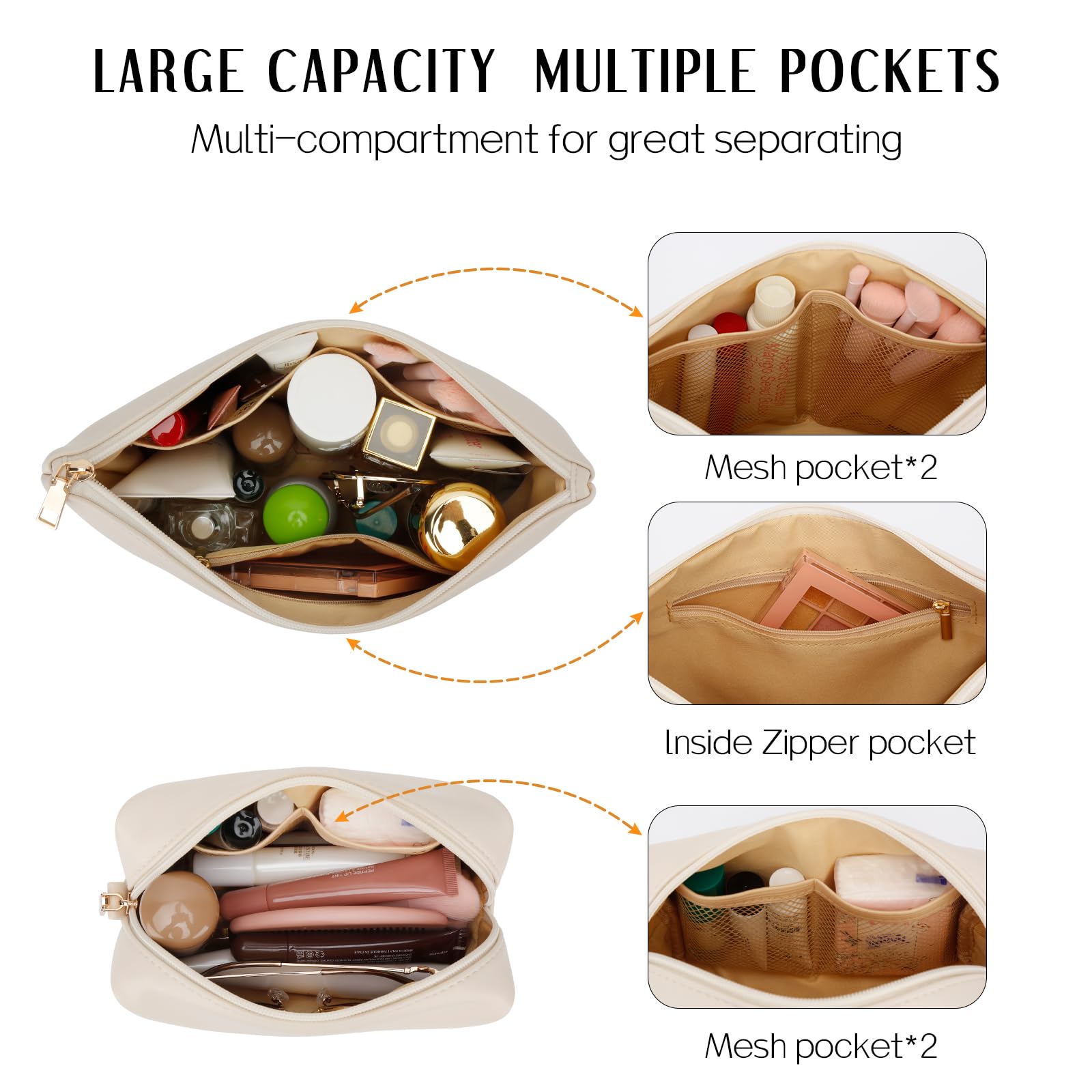 Cloudwings makeup bag with two main compartments and five pockets for easy separation