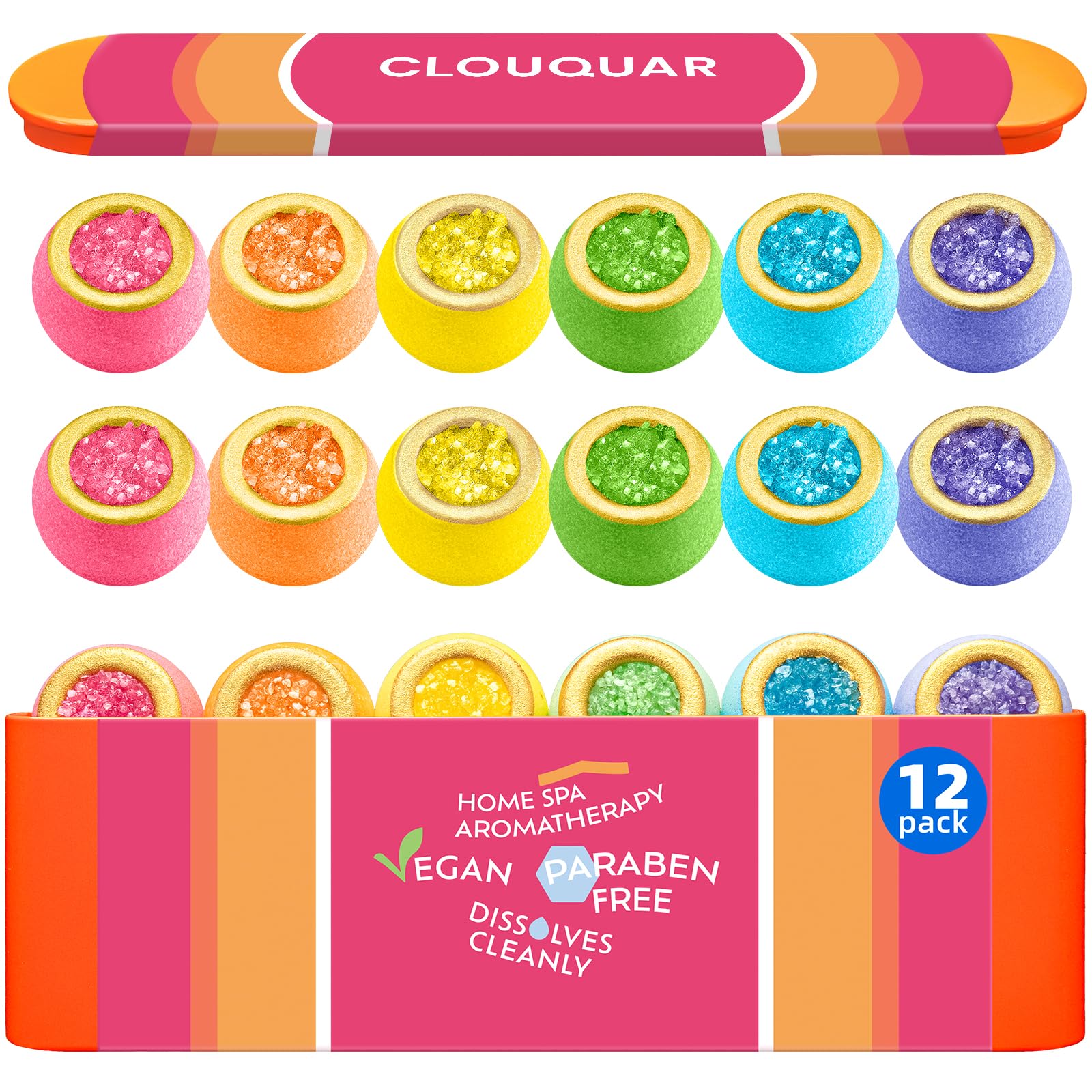 CLOUQUAR Crystal Bath Bomb Gift Set 12-pack with sparkly fizz and six scents for relaxing baths.