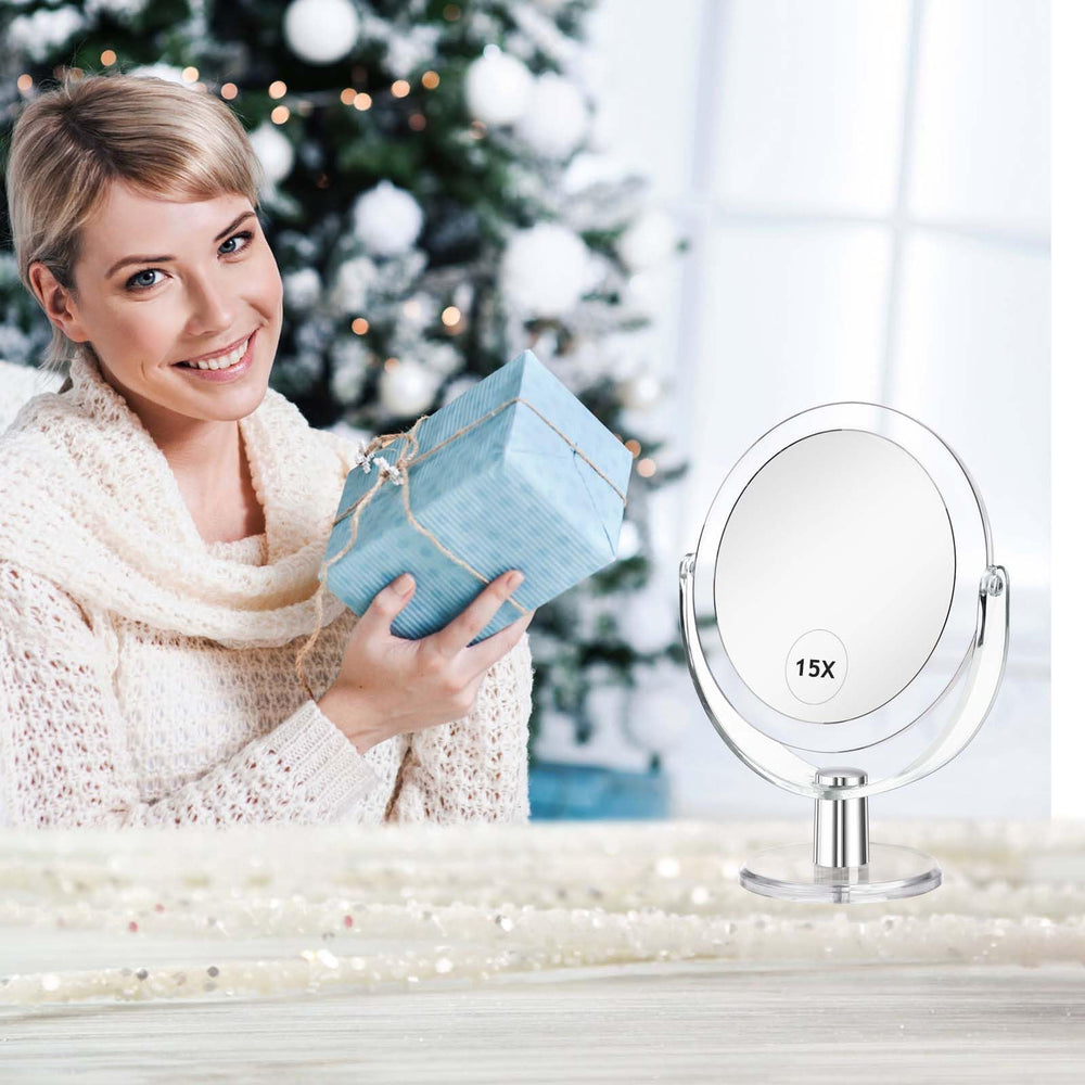 CLSEVXY double-sided magnifying mirror provides full-face view and close-up detail for tweezing.