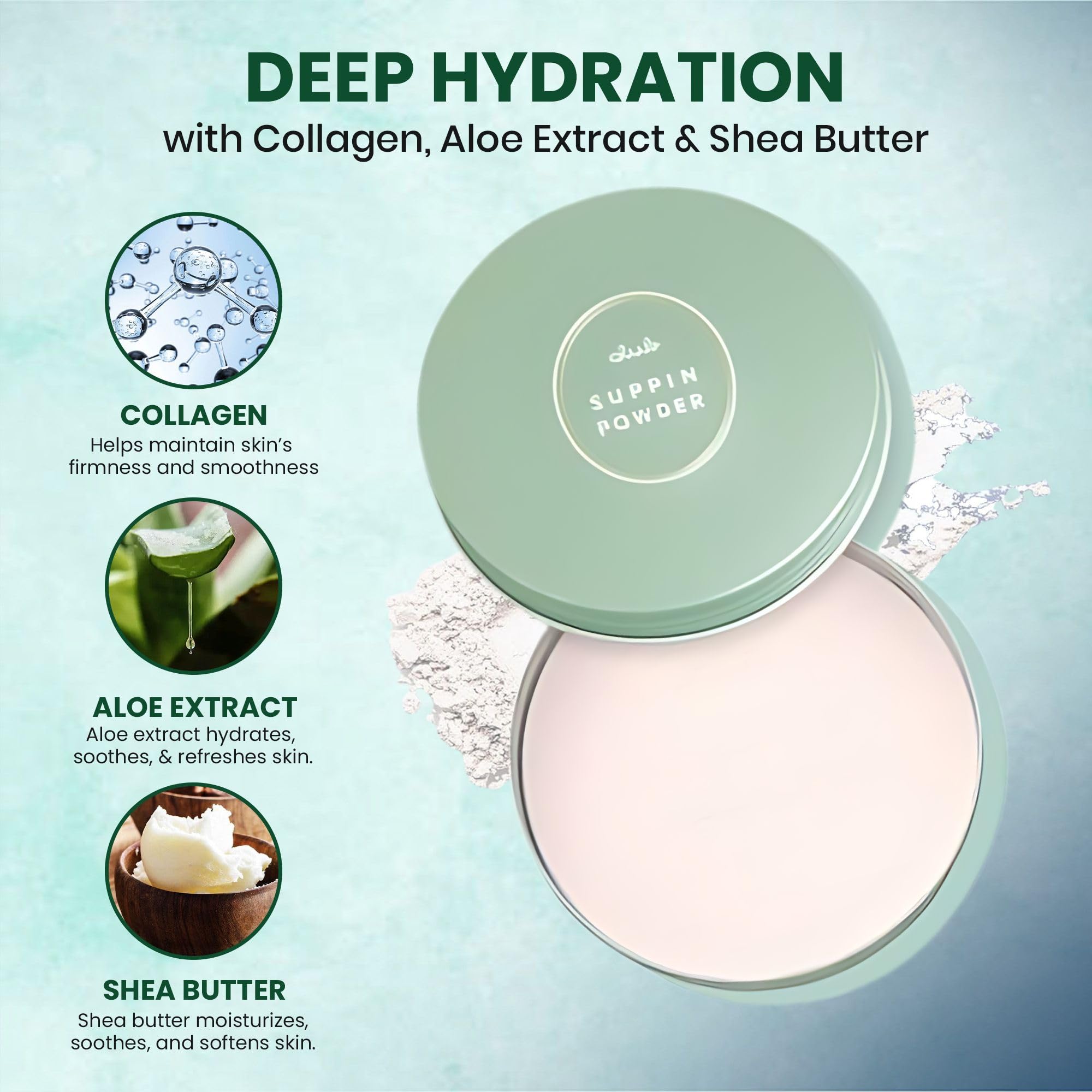 Club Suppin translucent powder finish delivers soft matte look without changing foundation color.