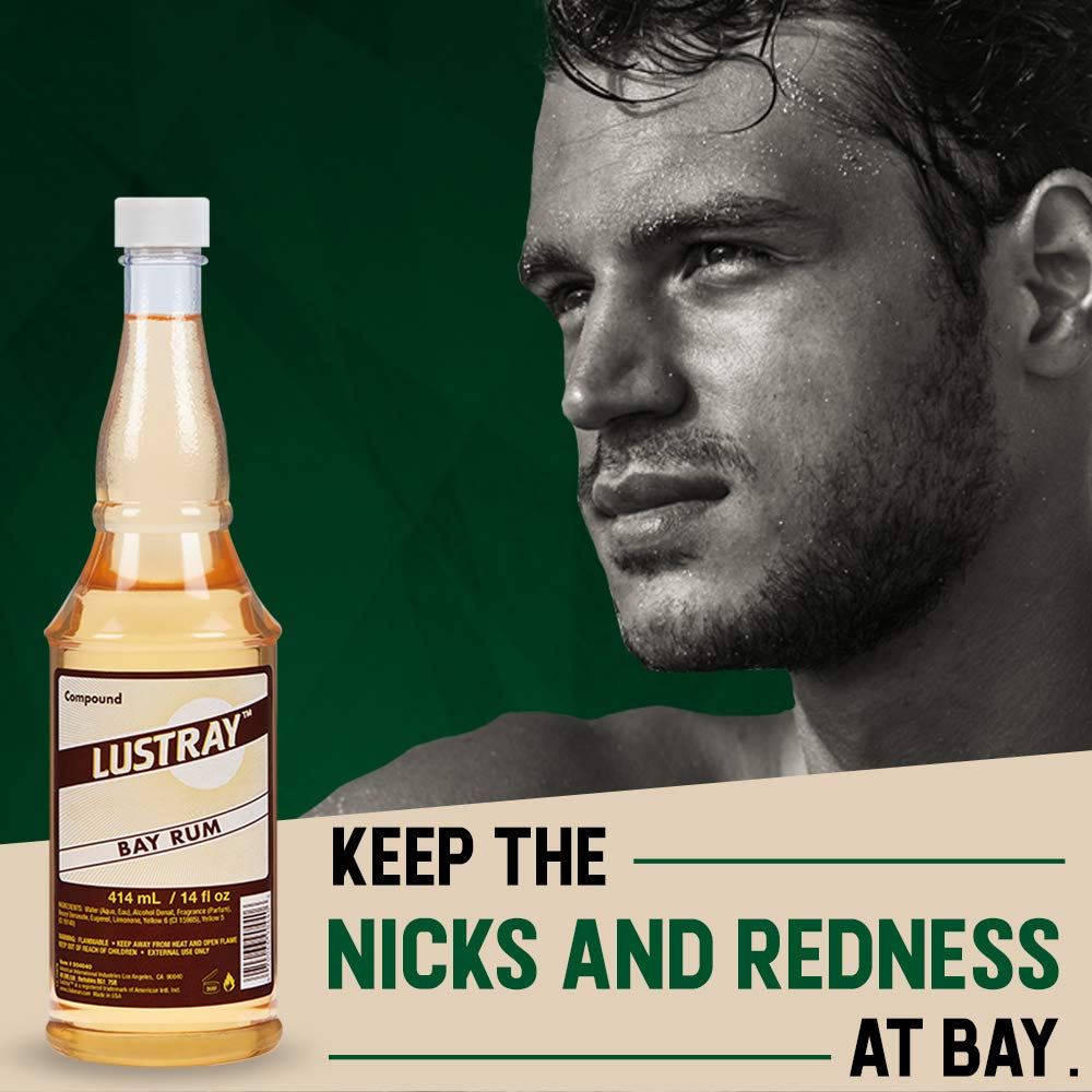 Clubman Lustray Bay Rum bottle splash action showing energizing aftershave use.