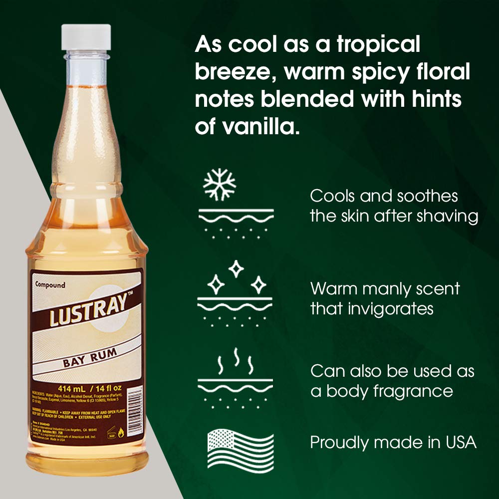 Clubman Lustray Bay Rum packaging box highlighting nostalgic scent and USA heritage.