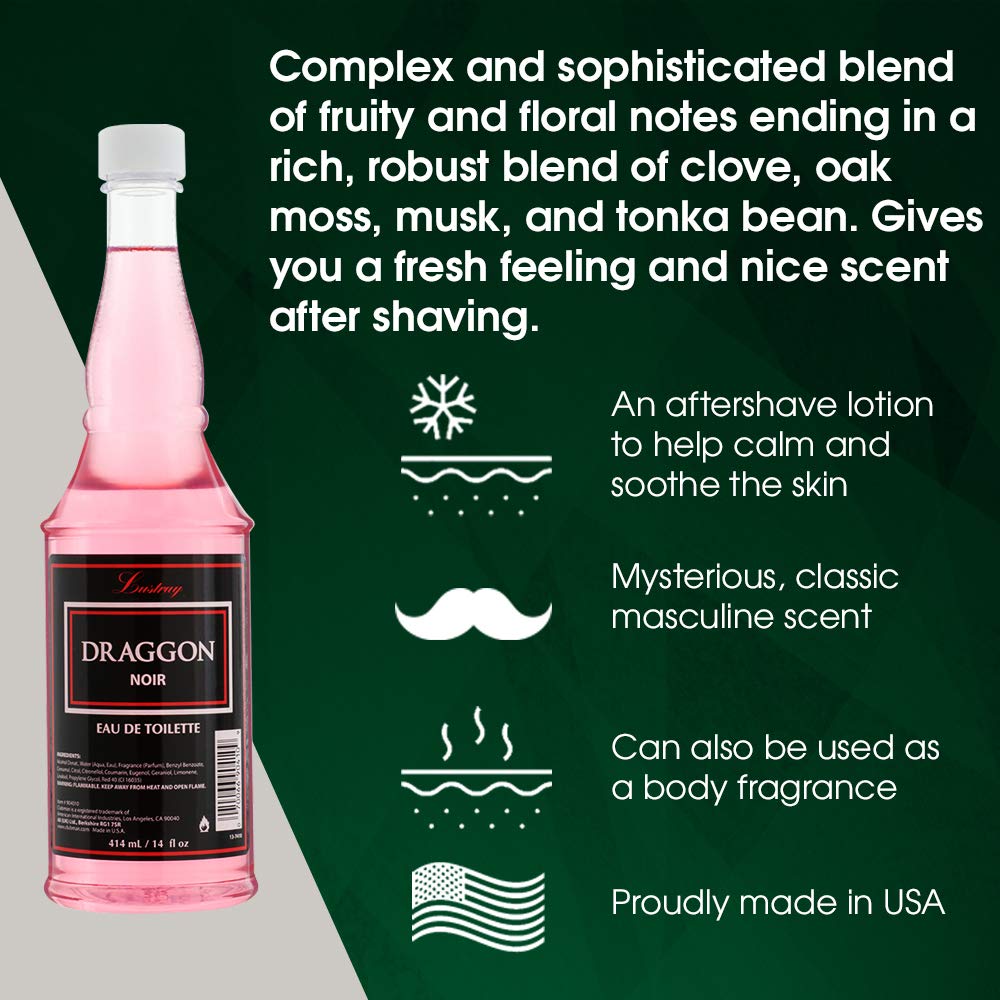 Clubman Lustray Draggon Noir post-shave lotion bottle, soothing skin after shaving.