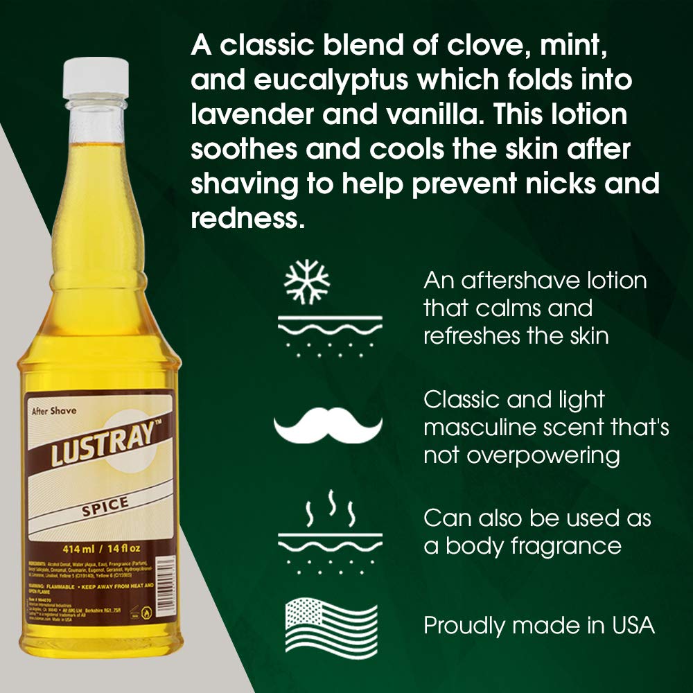 Clubman Lustray Spice packaging shot features the shatter-proof 14 oz bottle for travel
