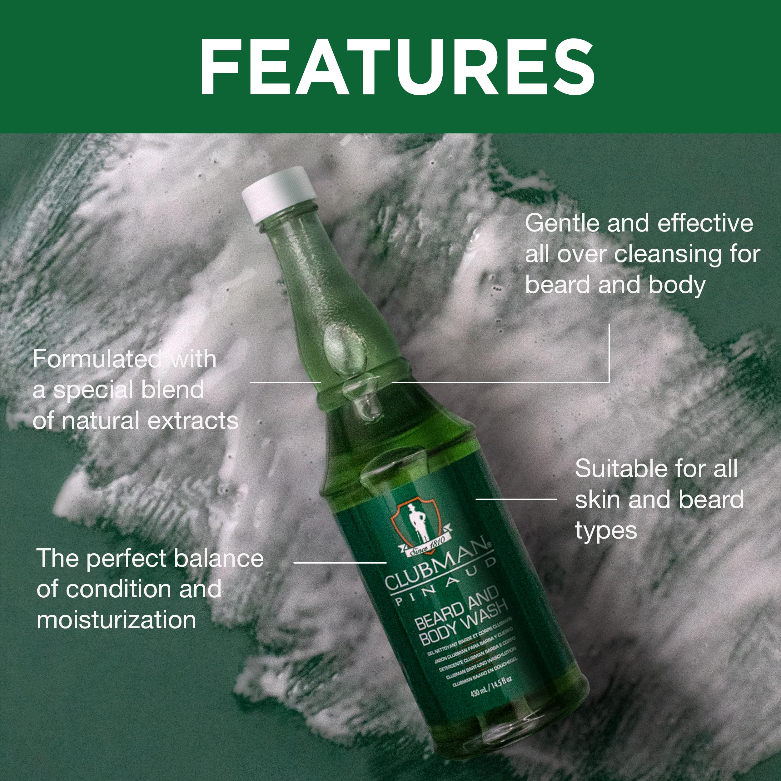 Clubman Pinaud Beard and Body Wash skin care focus highlights gentle cleansing for sensitive skin.