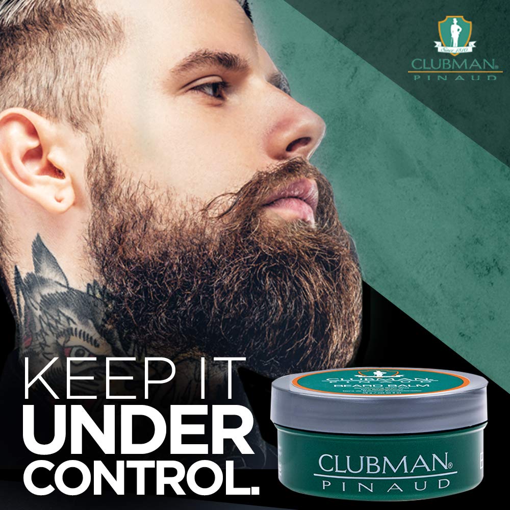 Clubman Pinaud Beard Balm being applied shows quick-absorb, non-greasy hold