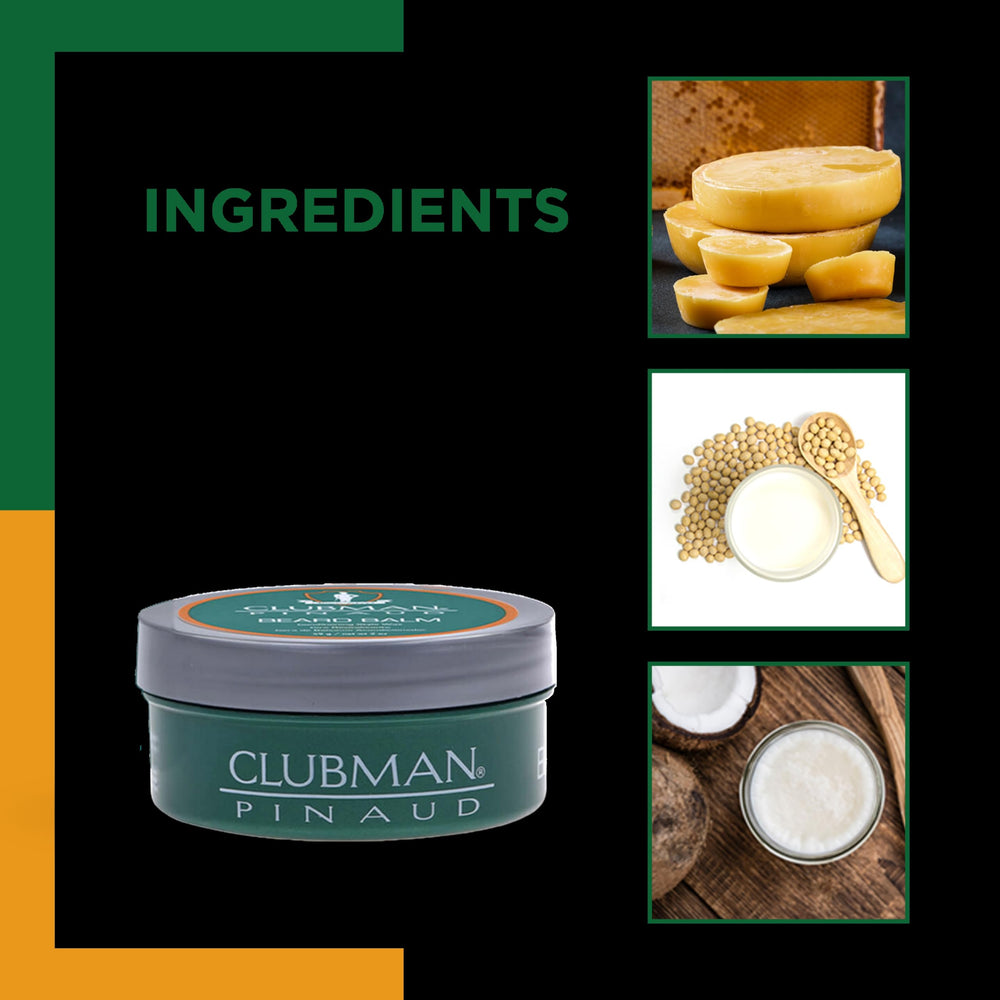 Clubman Pinaud Balm ingredients include beeswax and coconut oil for hydration