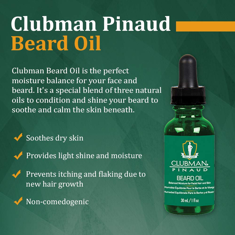 Clubman Pinaud Beard Oil bottle with botanical oil blend for conditioning beard.
