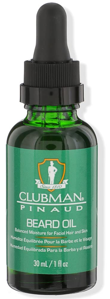 Clubman Pinaud Beard Oil bottle close-up showing balanced moisture for facial hair.