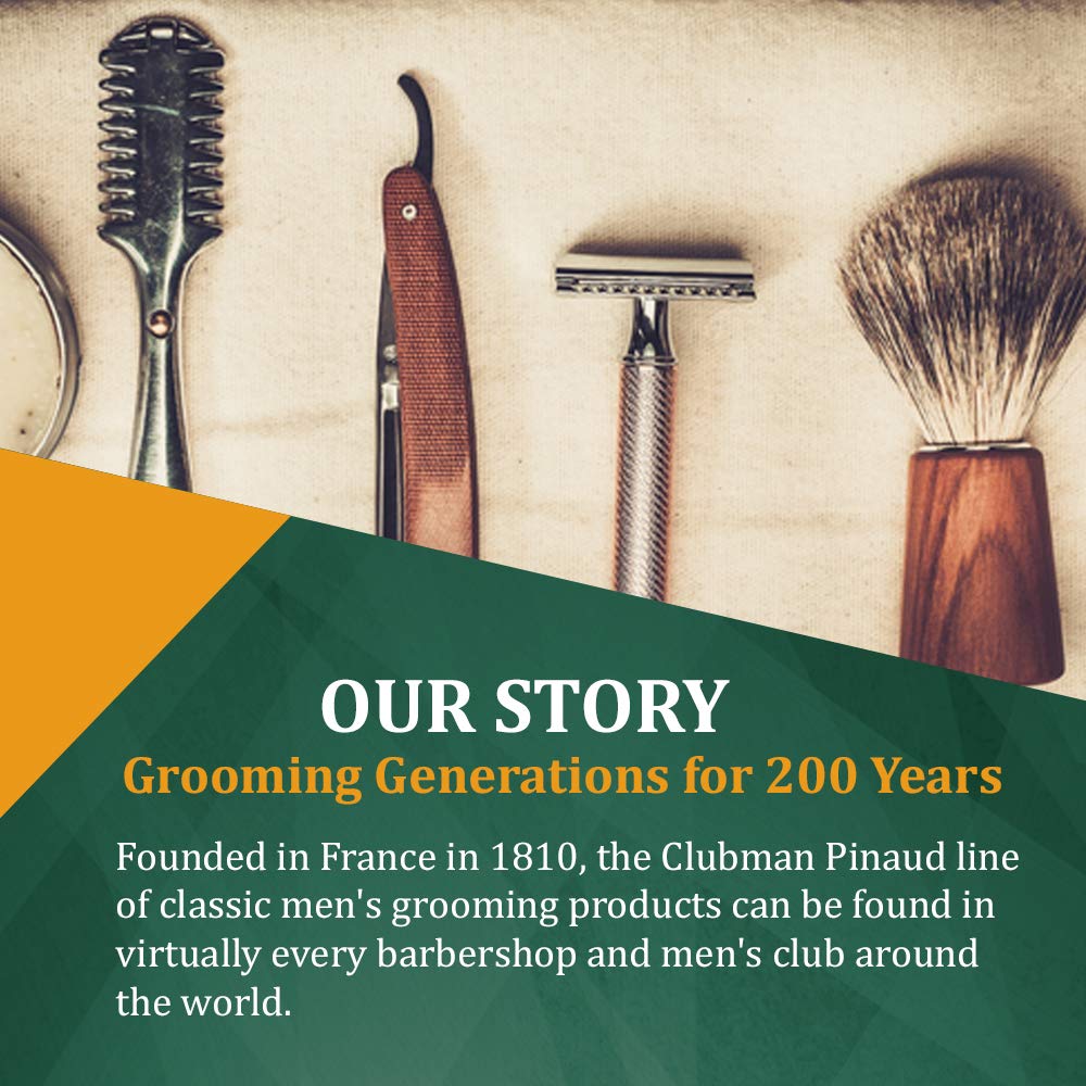 Lifestyle shot of man applying Clubman Pinaud Beard Oil at mirror for grooming.