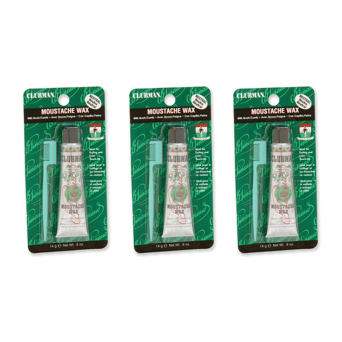 Clubman Pinaud moustache wax with comb applicator pack of 3 for easy grooming and styling