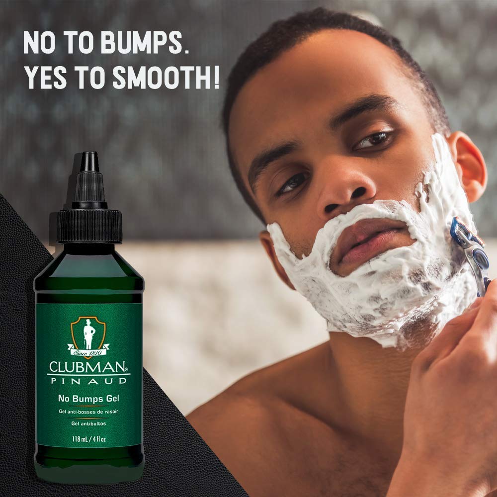 Clubman Pinaud No Bumps gel applied to the face during shave for calming relief