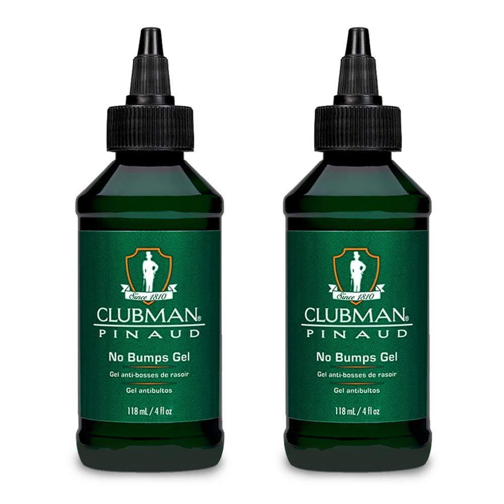 Clubman Pinaud No Bumps gel bottle close-up for easy shaving prep