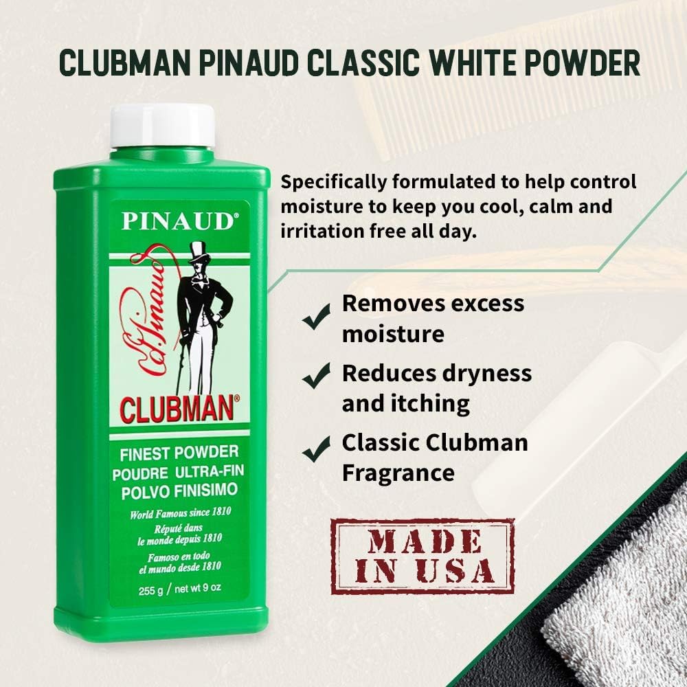 Clubman Pinaud Powder closeup illustrating absorption as skin feels drier.