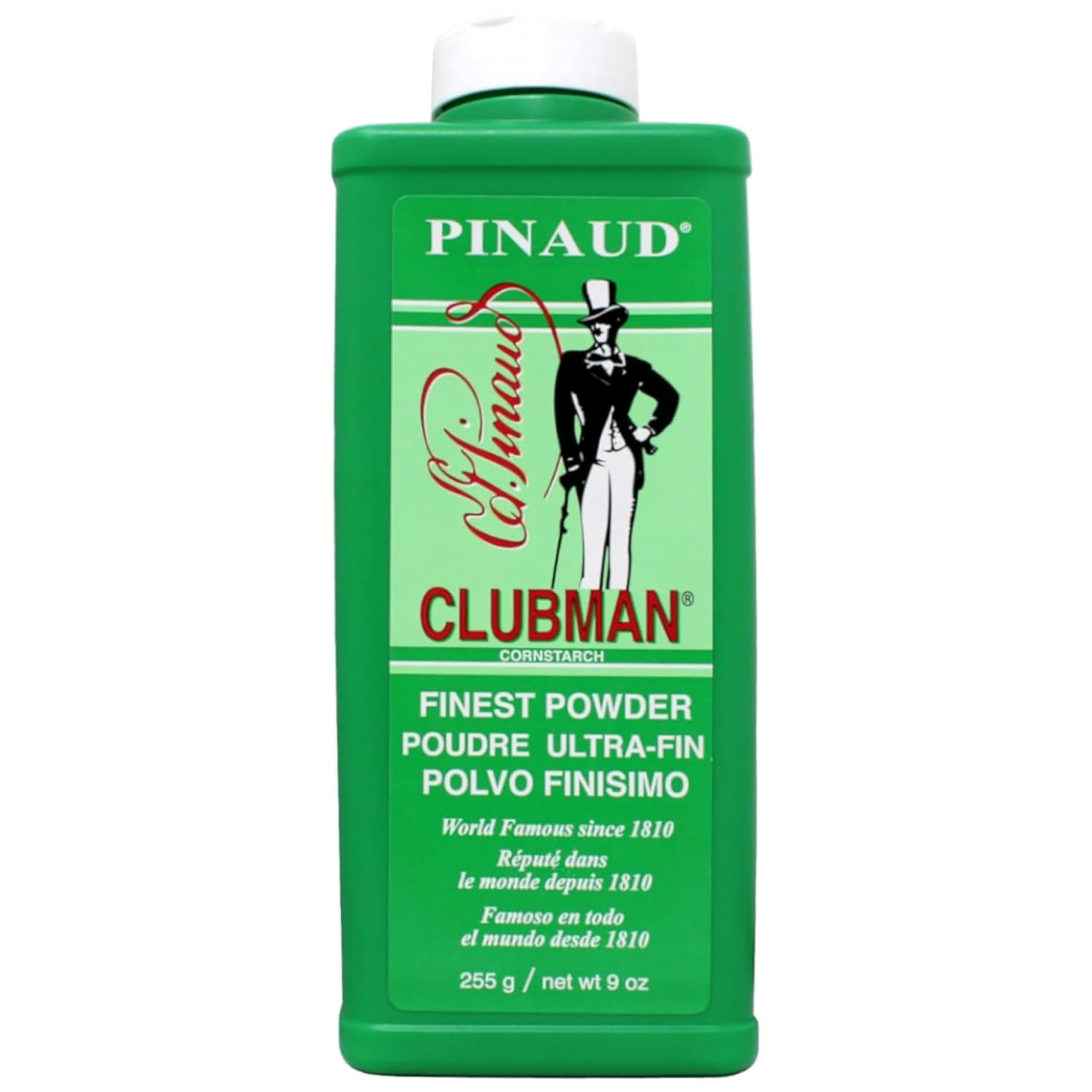 Clubman Pinaud Powder bottle closeup showing moisture control for dry skin.