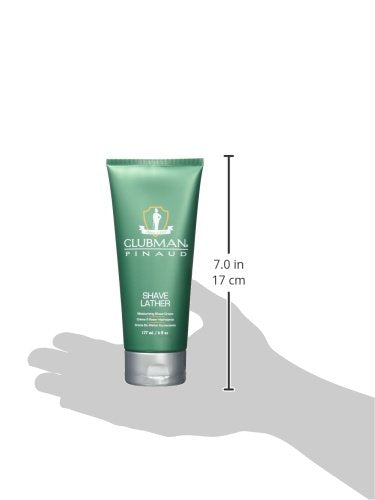 Clubman Pinaud shaving cream moisturizing formula highlight with soothing glycerin, ideal for sensitive skin mornings.