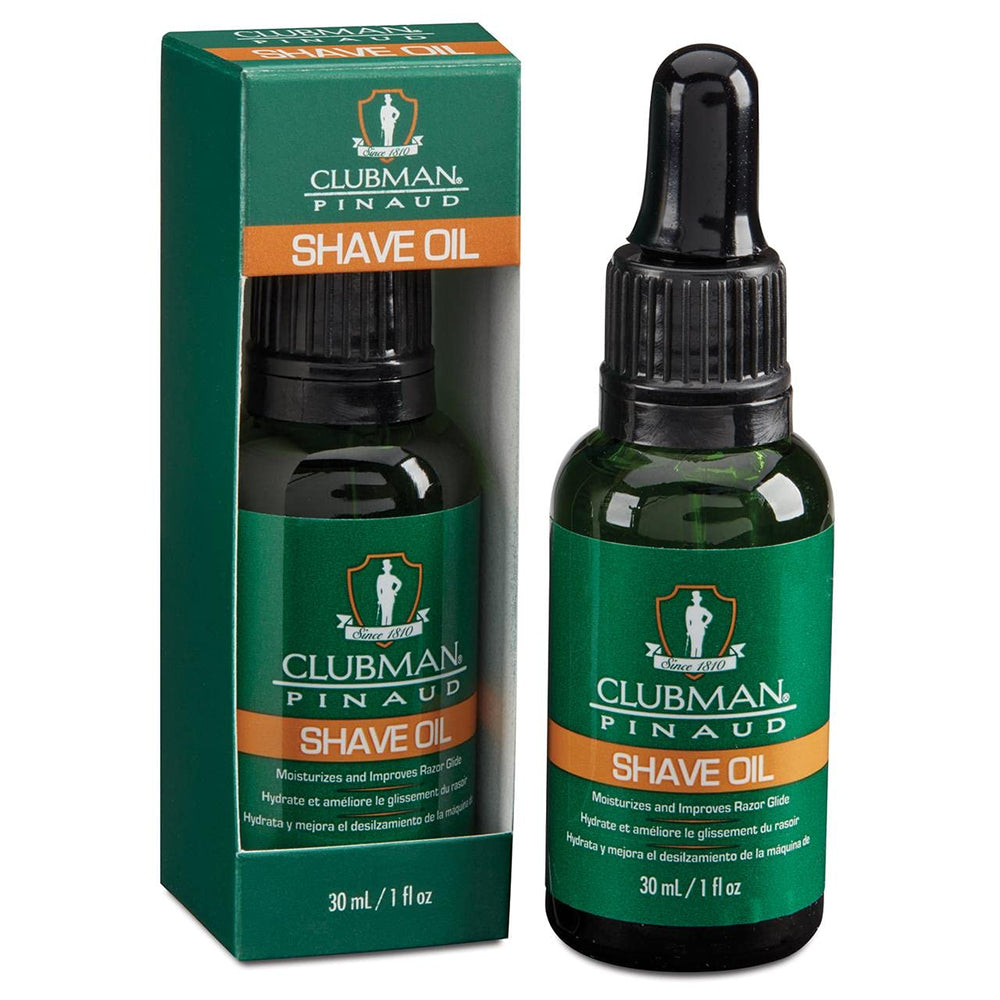 Clubman Pre Shave Oil bottle closeup for premium shaving prep.