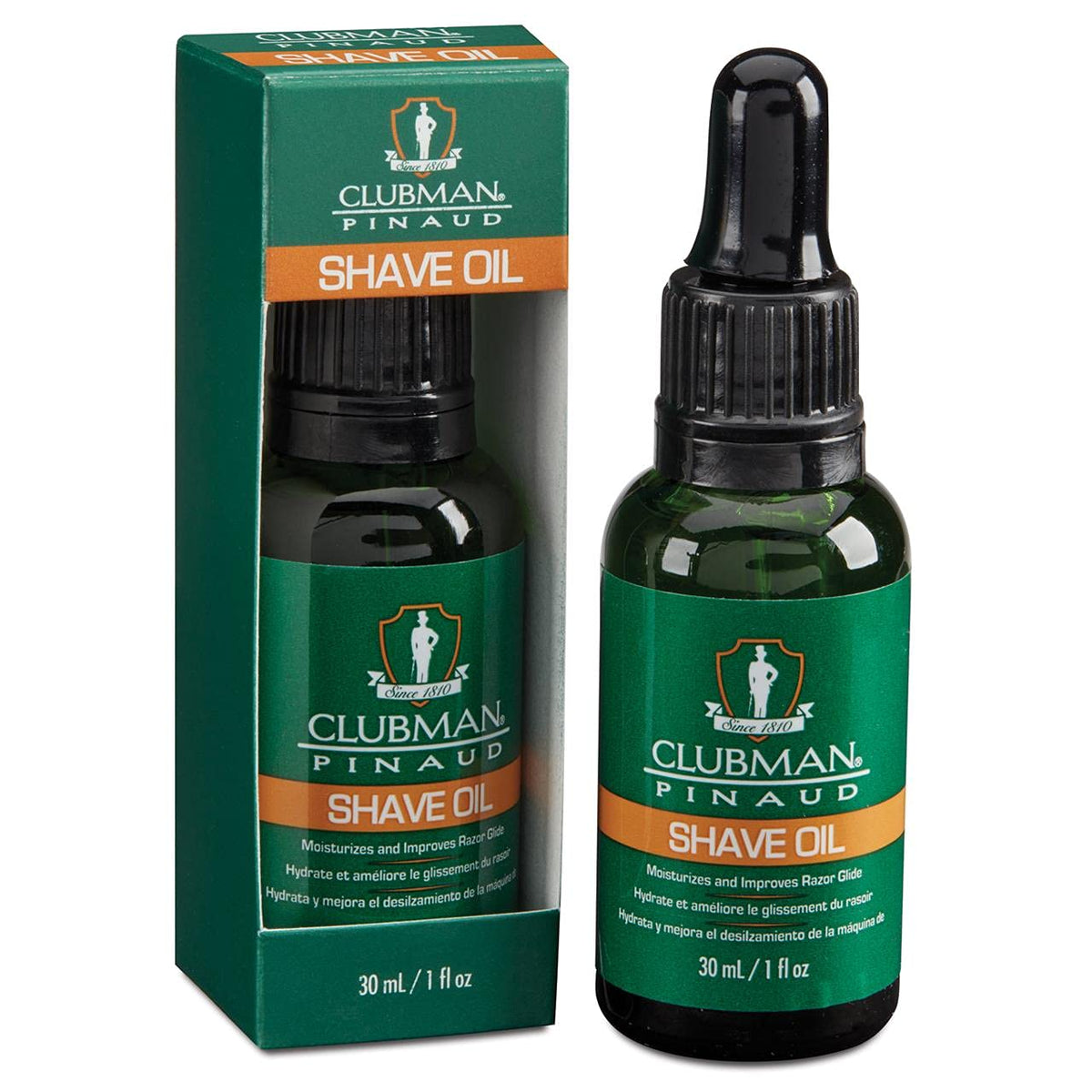 Clubman Pre Shave Oil bottle closeup for premium shaving prep.
