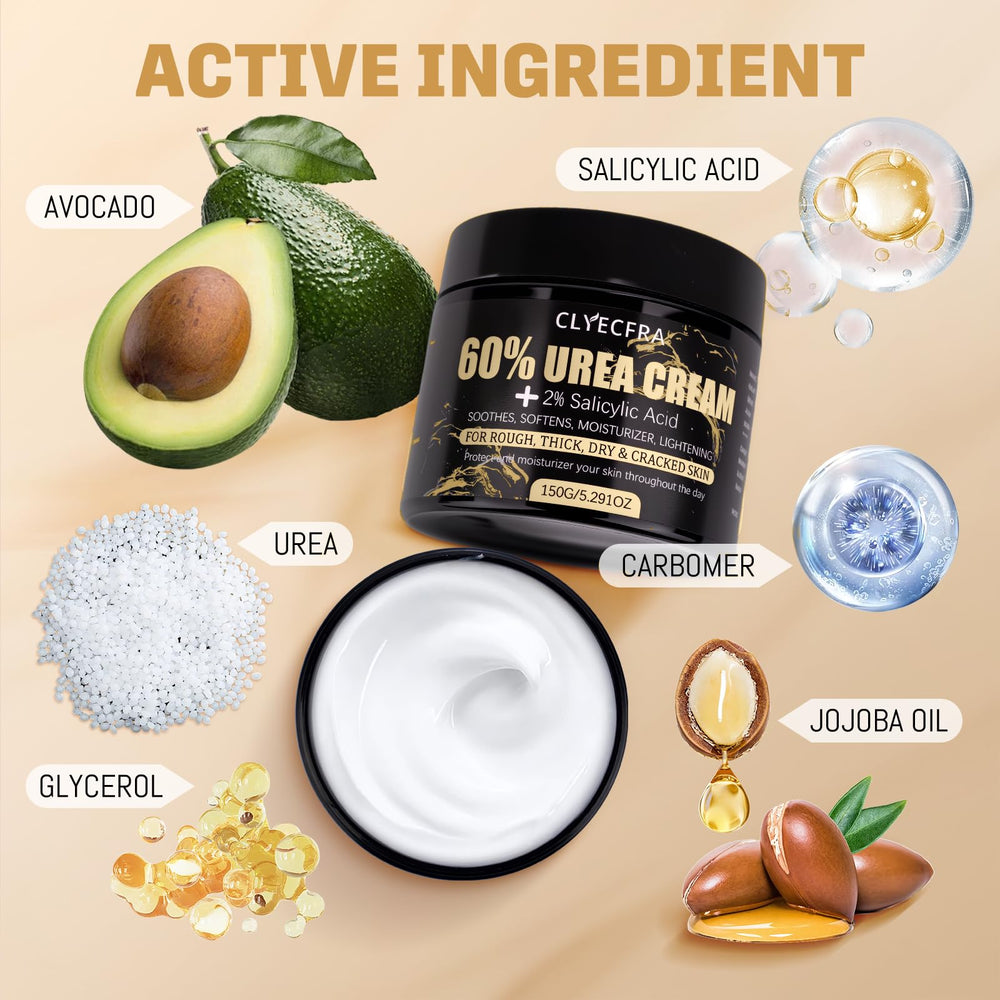 Clyecfra 60% Urea Cream label closeup highlights high-strength moisture
