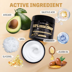 Clyecfra 60% Urea Cream label closeup highlights high-strength moisture