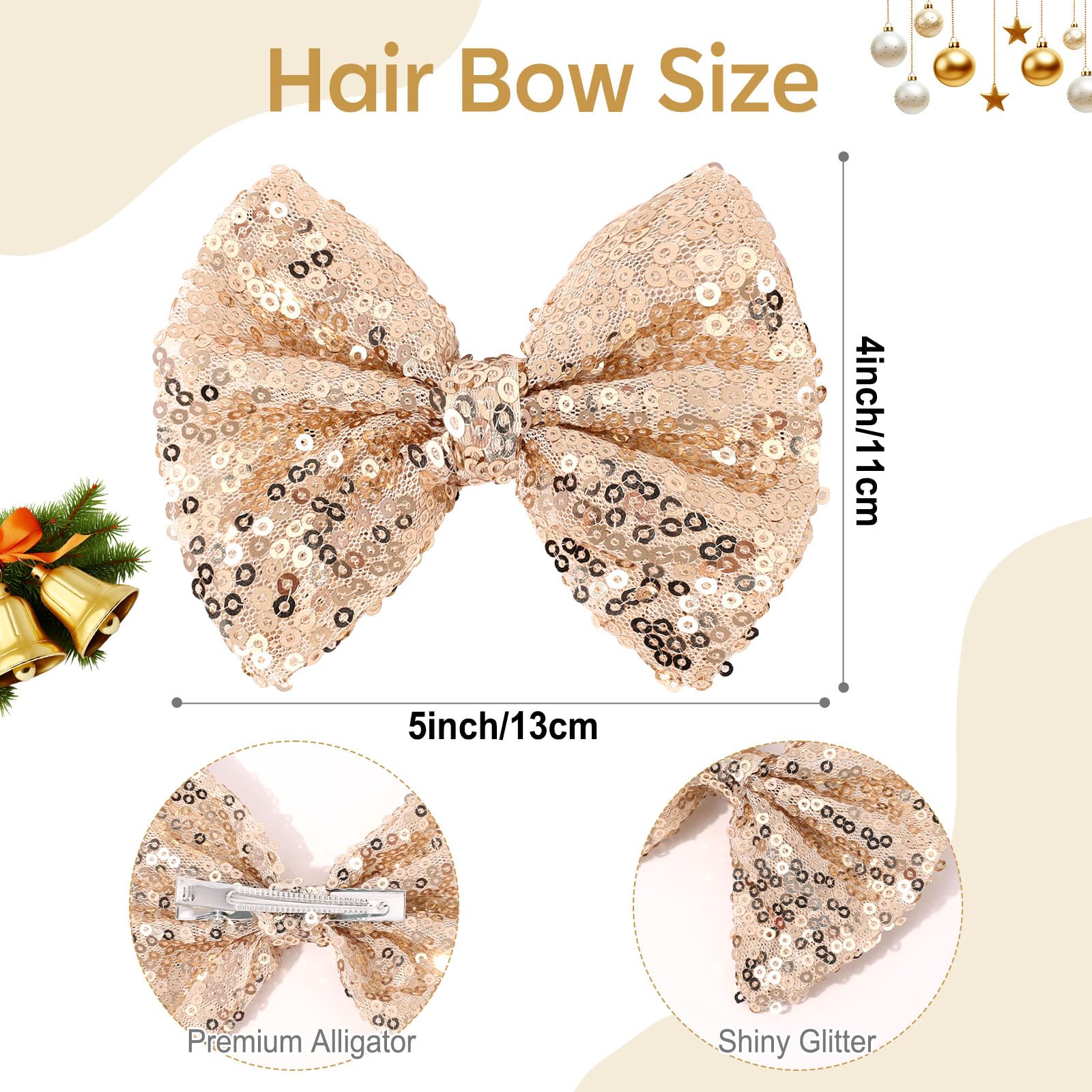 CN closeup of gold sequin hair bow highlighting sparkly detail and secure clip.