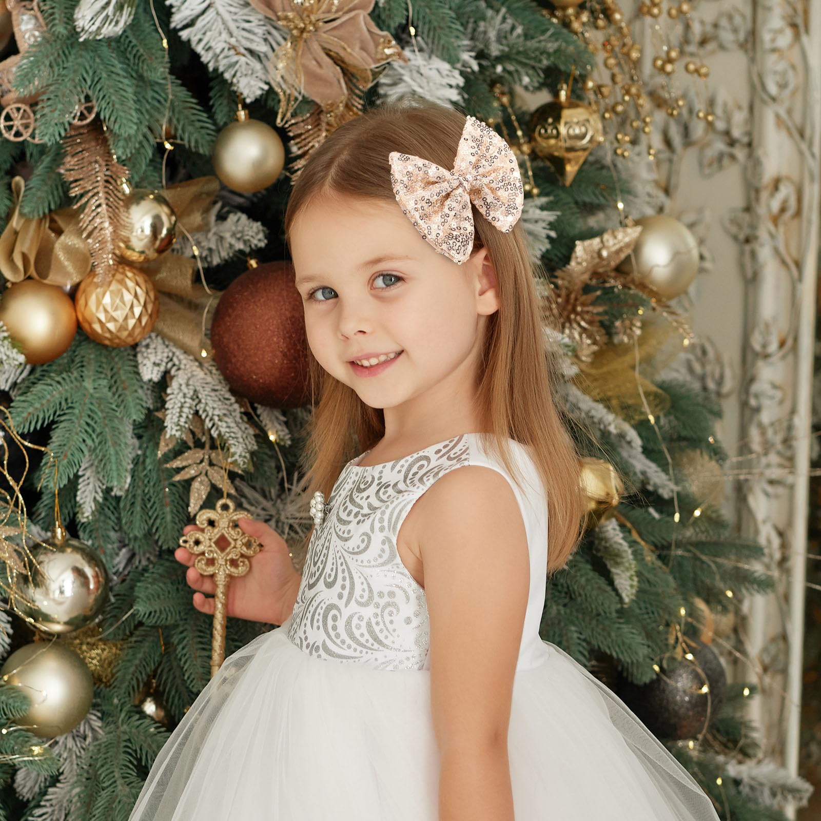 CN wedding party accessory: gold glitter hair bow for formal looks.